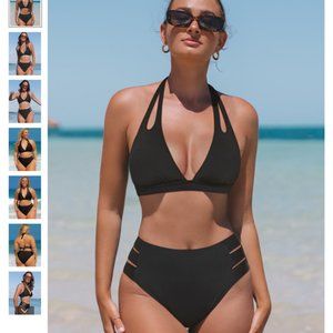 Popvil Halter Cutout High Waisted Black Bikini Set